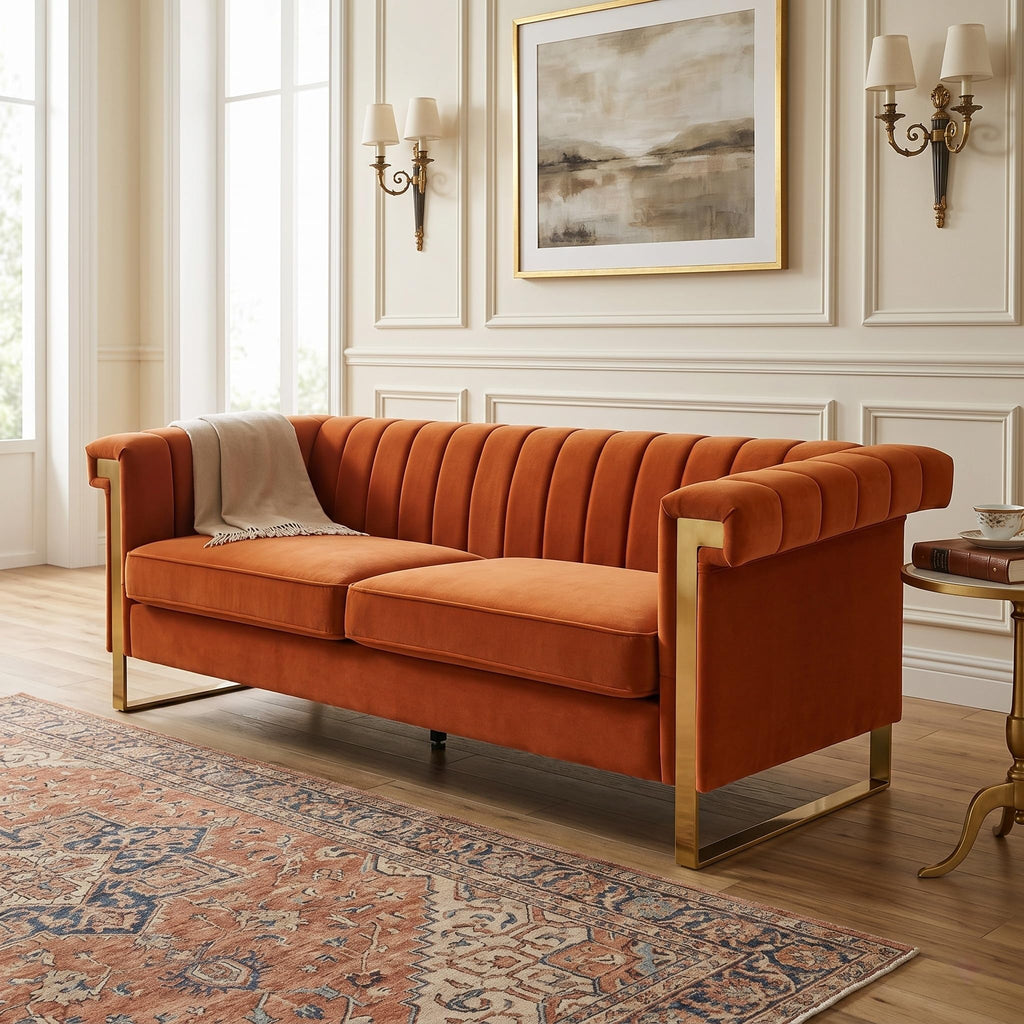 Orange Velvet 3 Seater Sofa with Gold Metal Legs R53149