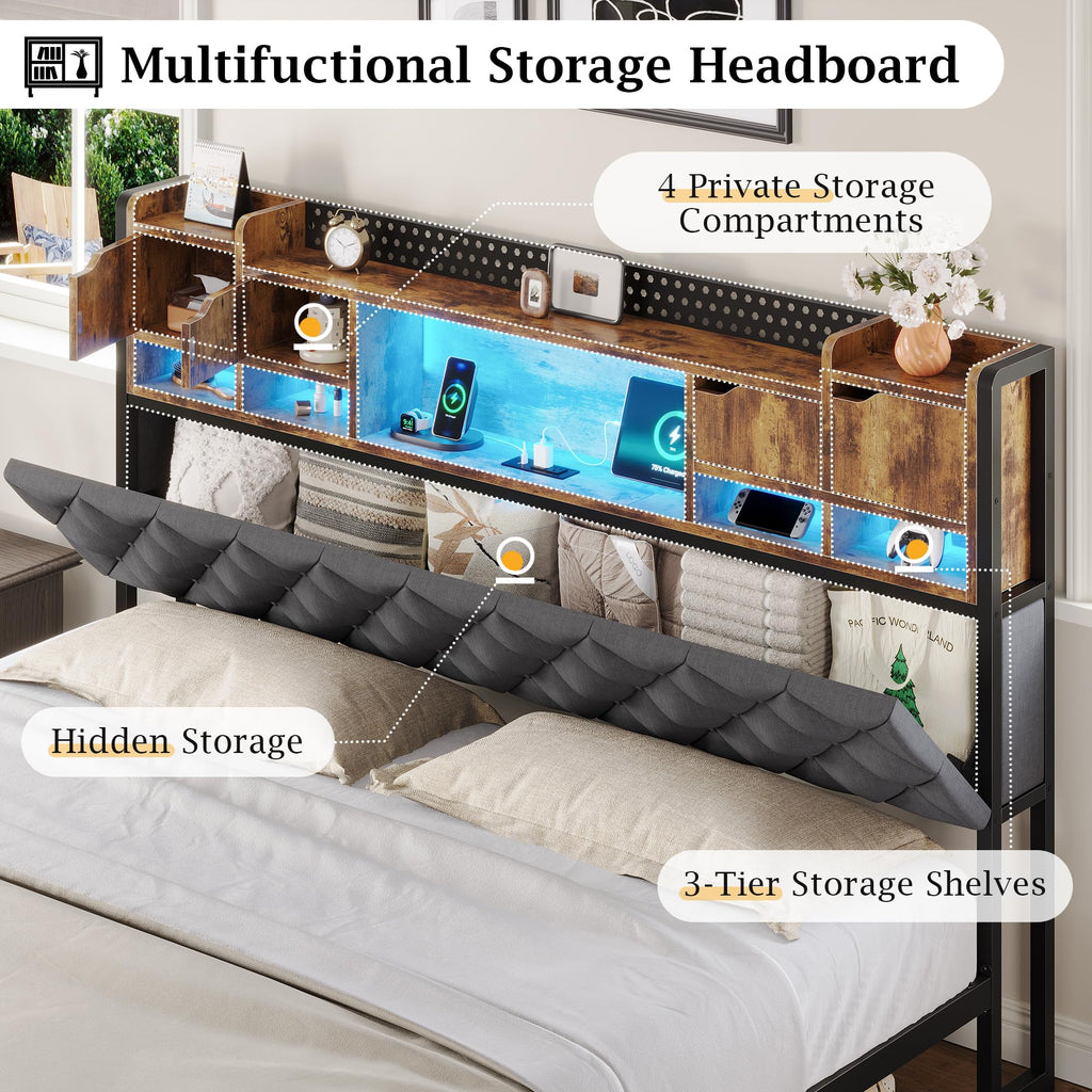 King Size Bed Frame with Storage Bookcase Headboard Y26260