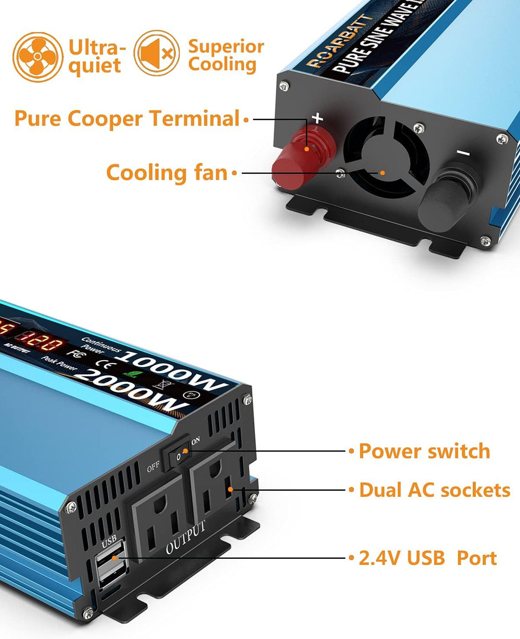 Pure Sine Wave Power Inverter 1000W DC 12V to AC 110V 2 AC Outlets 3.4A USB D67844