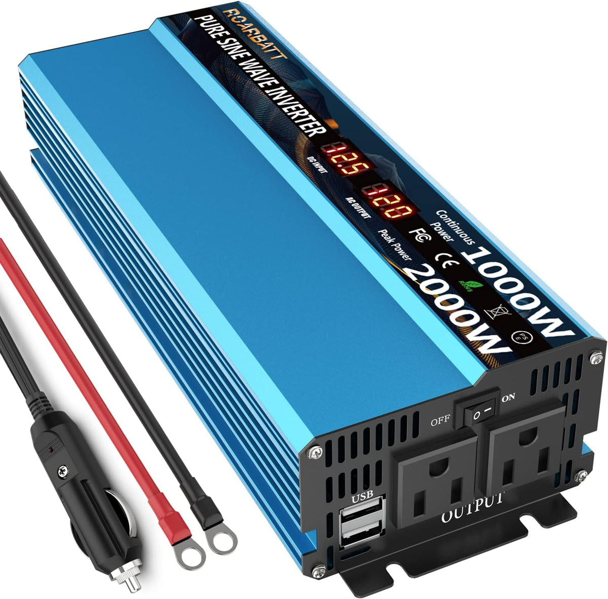 Pure Sine Wave Power Inverter 1000W DC 12V to AC 110V 2 AC Outlets 3.4A USB D67844