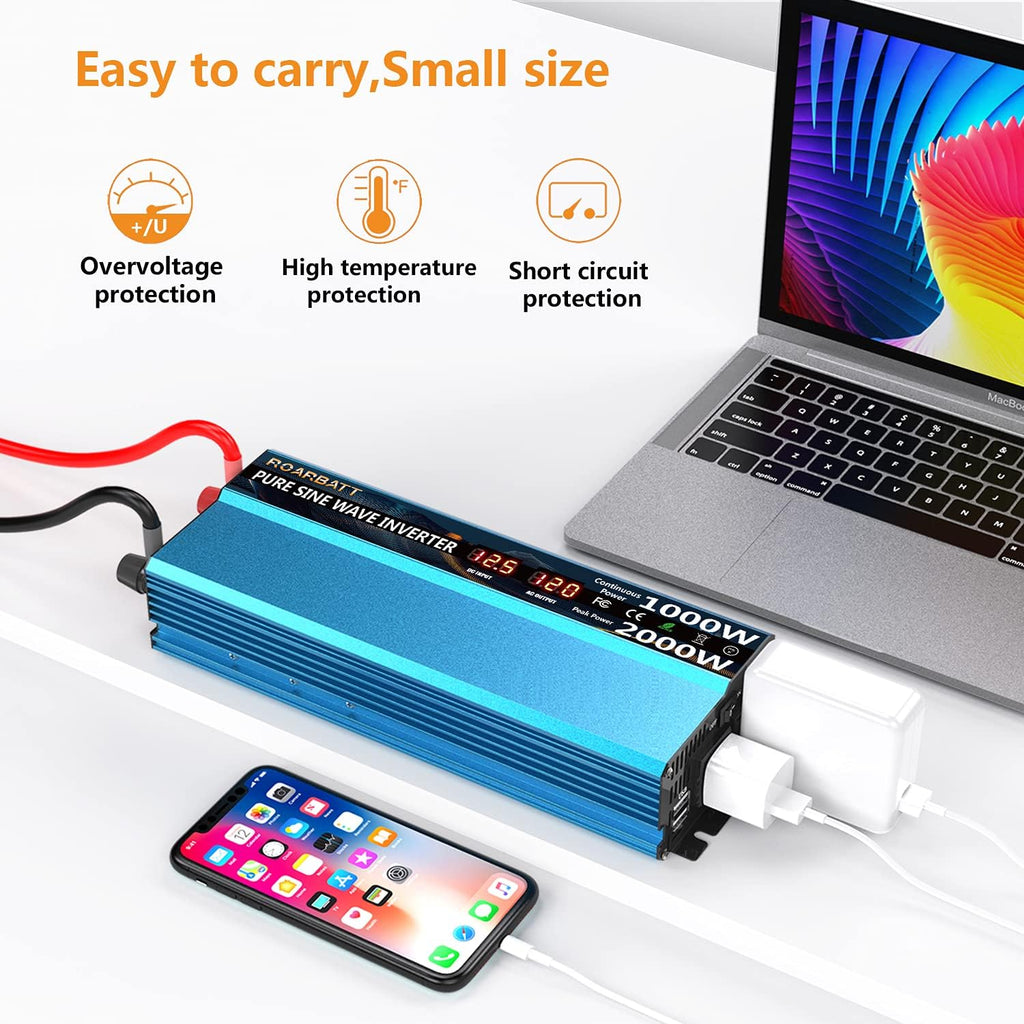 Pure Sine Wave Power Inverter 1000W DC 12V to AC 110V 2 AC Outlets 3.4A USB D67844