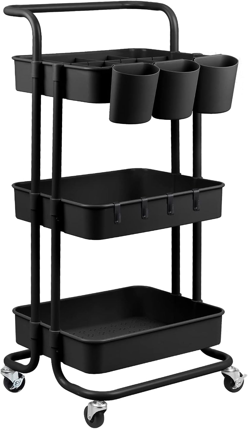 Pink 3-Tier Rolling Utility Cart with Mesh Basket and Wheels T77435
